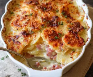Delicious scalloped potatoes with ham slices, creamy and cheesy baked dish.