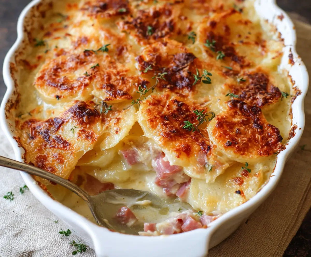 Delicious scalloped potatoes with ham slices, creamy and cheesy baked dish.