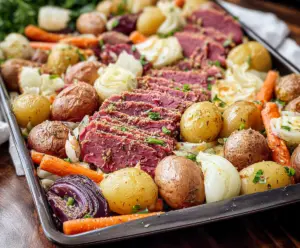 Delicious sheet pan corned beef with crispy edges and tender meat, served with vegetables.