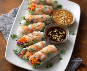 Fresh shrimp rice paper rolls with colorful vegetables, ideal for a light and healthy appetizer.