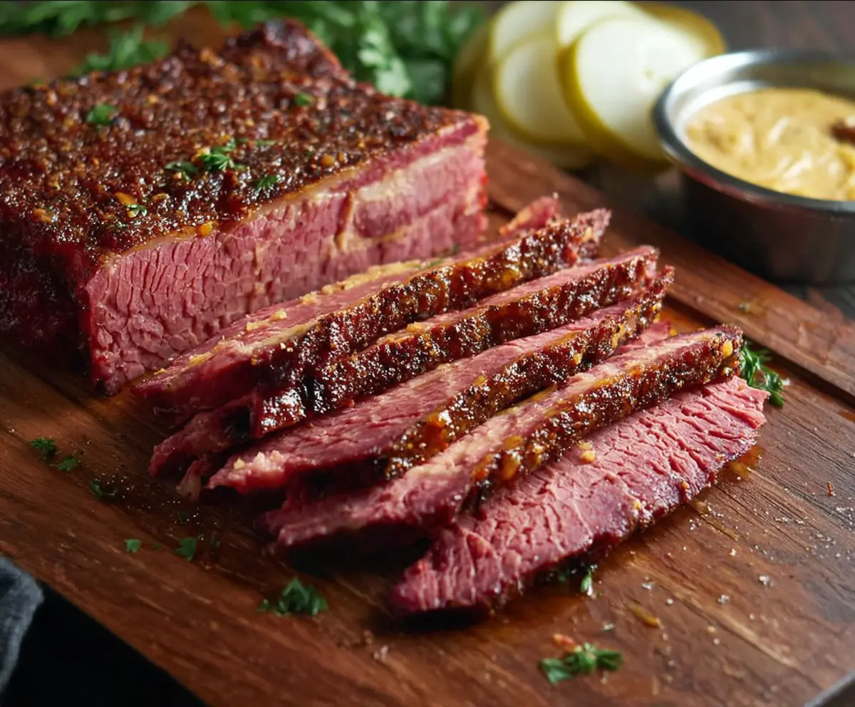 Delicious smoked corned beef served with vegetables on a rustic wooden table.