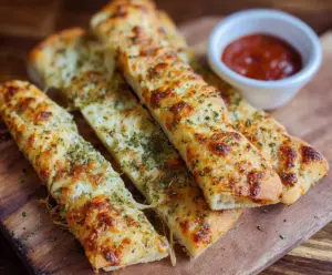 Delicious sourdough cheesy breadsticks topped with melted cheese and herbs, perfect for snacking or sharing.