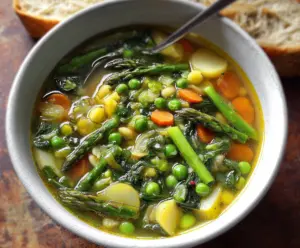 Freshly prepared spring vegetable soup in a bowl with colorful seasonal vegetables and herbs.