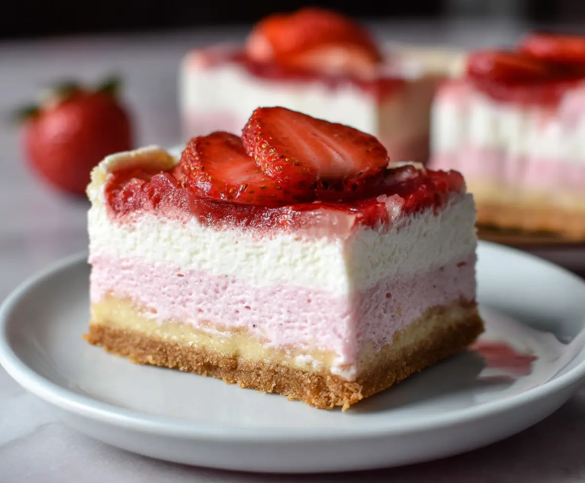 Delicious strawberry cheesecake bars with a creamy topping and fresh strawberry garnish on a white plate.