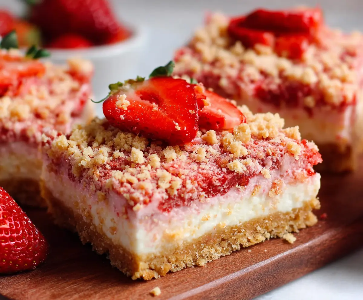Delicious strawberry shortcake cheesecake bars with fresh strawberries and creamy layers.