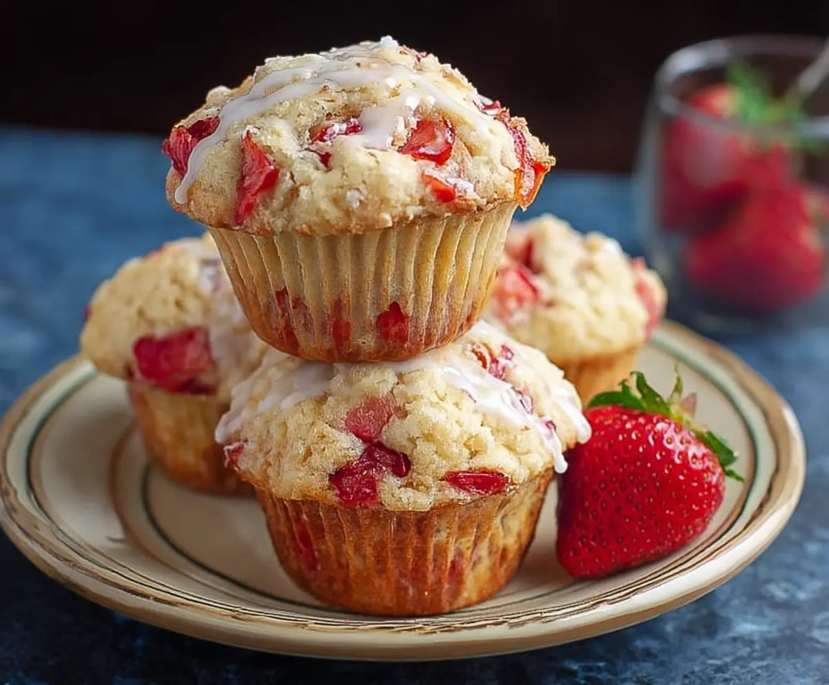 Delicious strawberry shortcake muffins topped with whipped cream and fresh strawberries.
