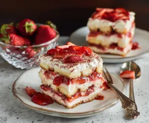 Delicious strawberry tiramisu dessert with fresh strawberries and creamy mascarpone layers