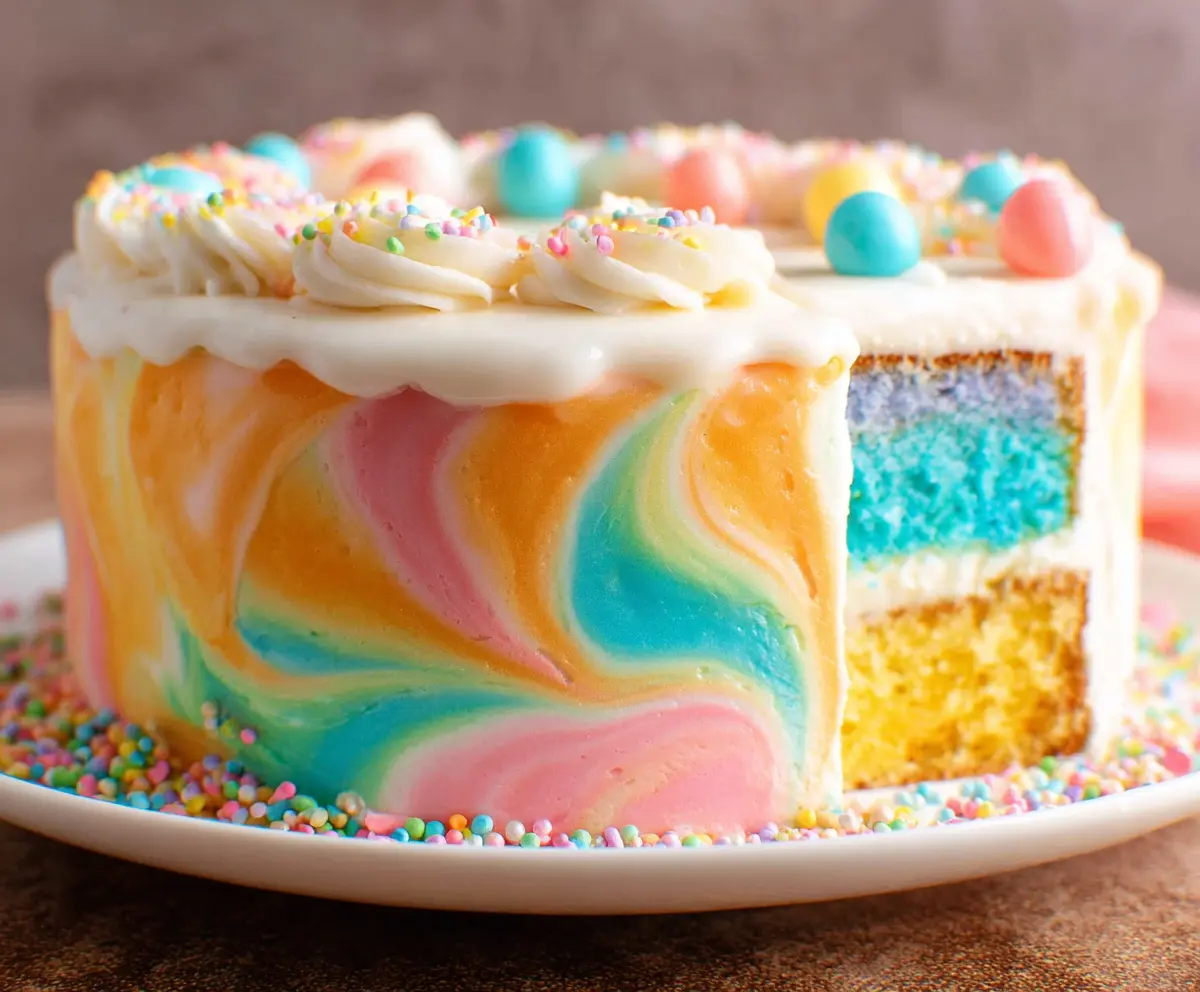 Colorful Swirled Easter Cake with festive decorations and vibrant frosting.