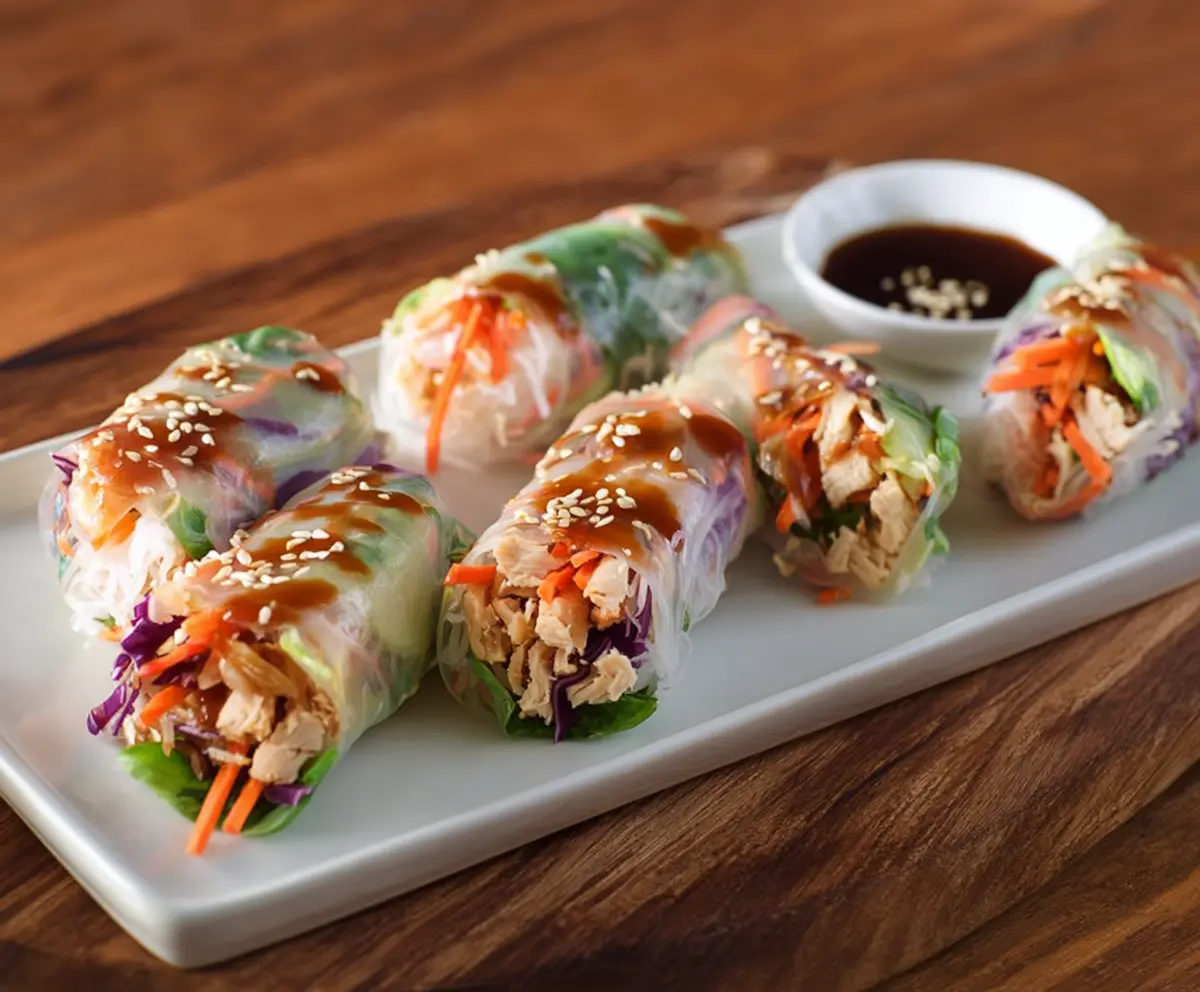 Delicious Teriyaki Chicken Rice Paper Rolls filled with tender chicken and fresh vegetables.