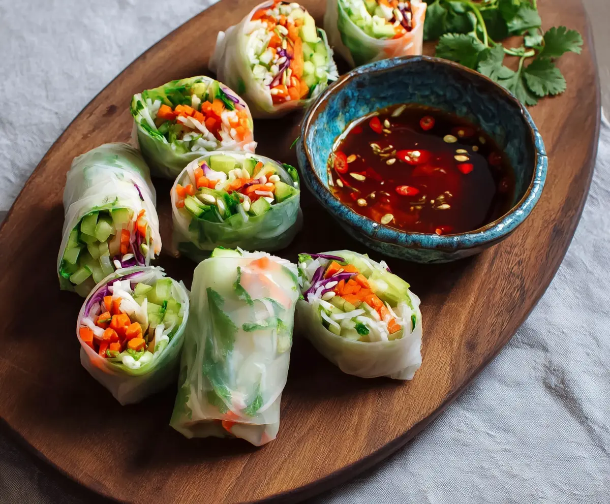 Fresh Thai vegetable spring rolls with rice paper, filled with colorful vegetables and herbs.