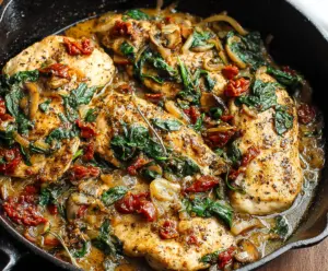 Delicious Tuscan Chicken Skillet with herbs and creamy sauce on a rustic plate