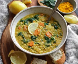 Vegan lemon lentil soup garnished with fresh herbs and a slice of lemon.