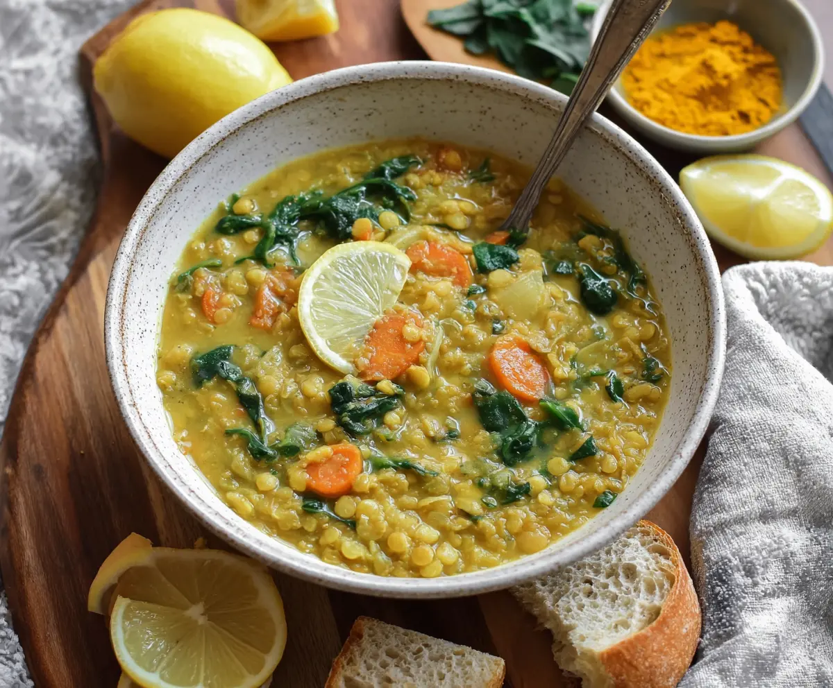 Vegan lemon lentil soup garnished with fresh herbs and a slice of lemon.