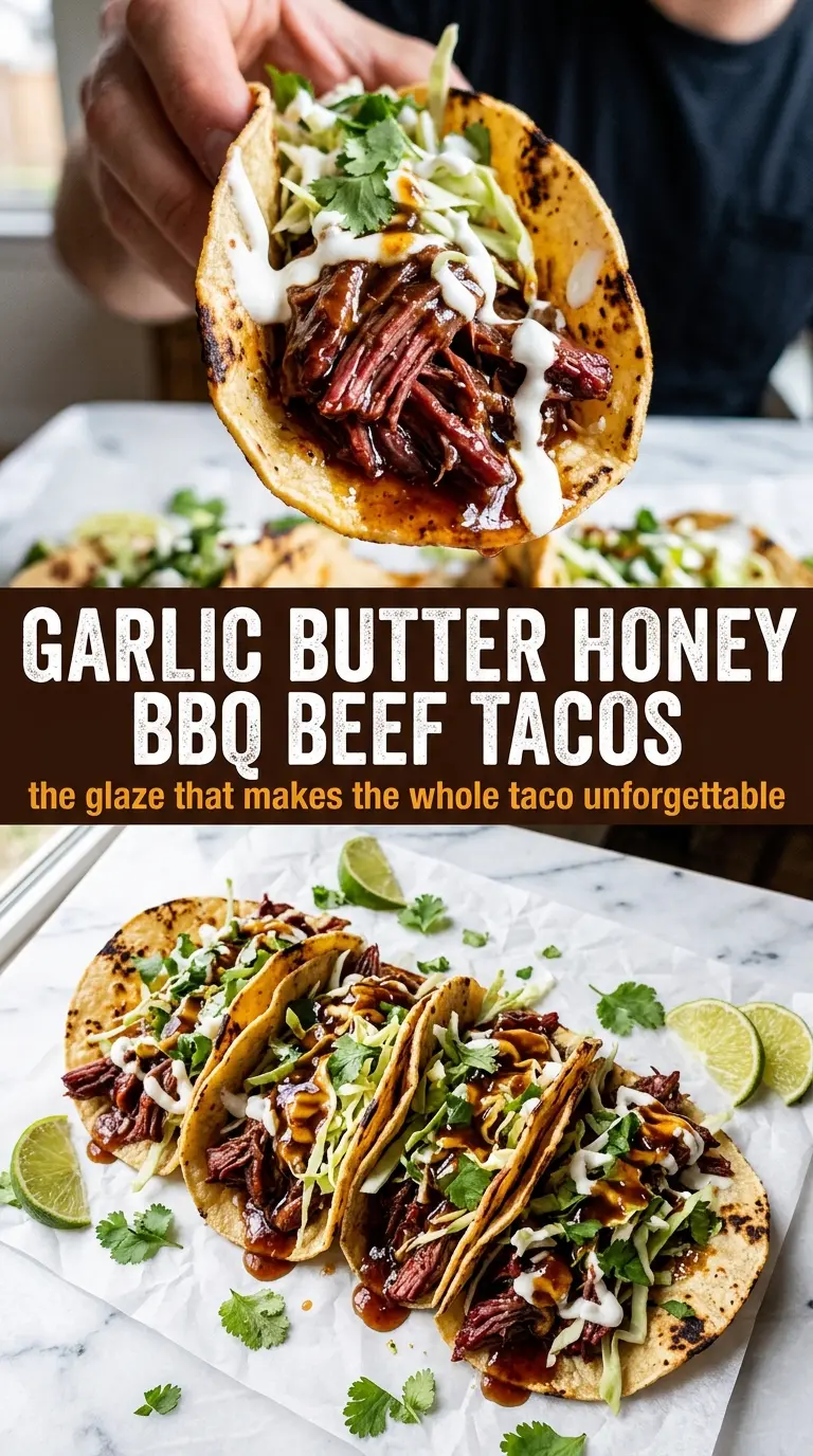 Garlic Butter Honey BBQ Beef Tacos sticky caramelized beef