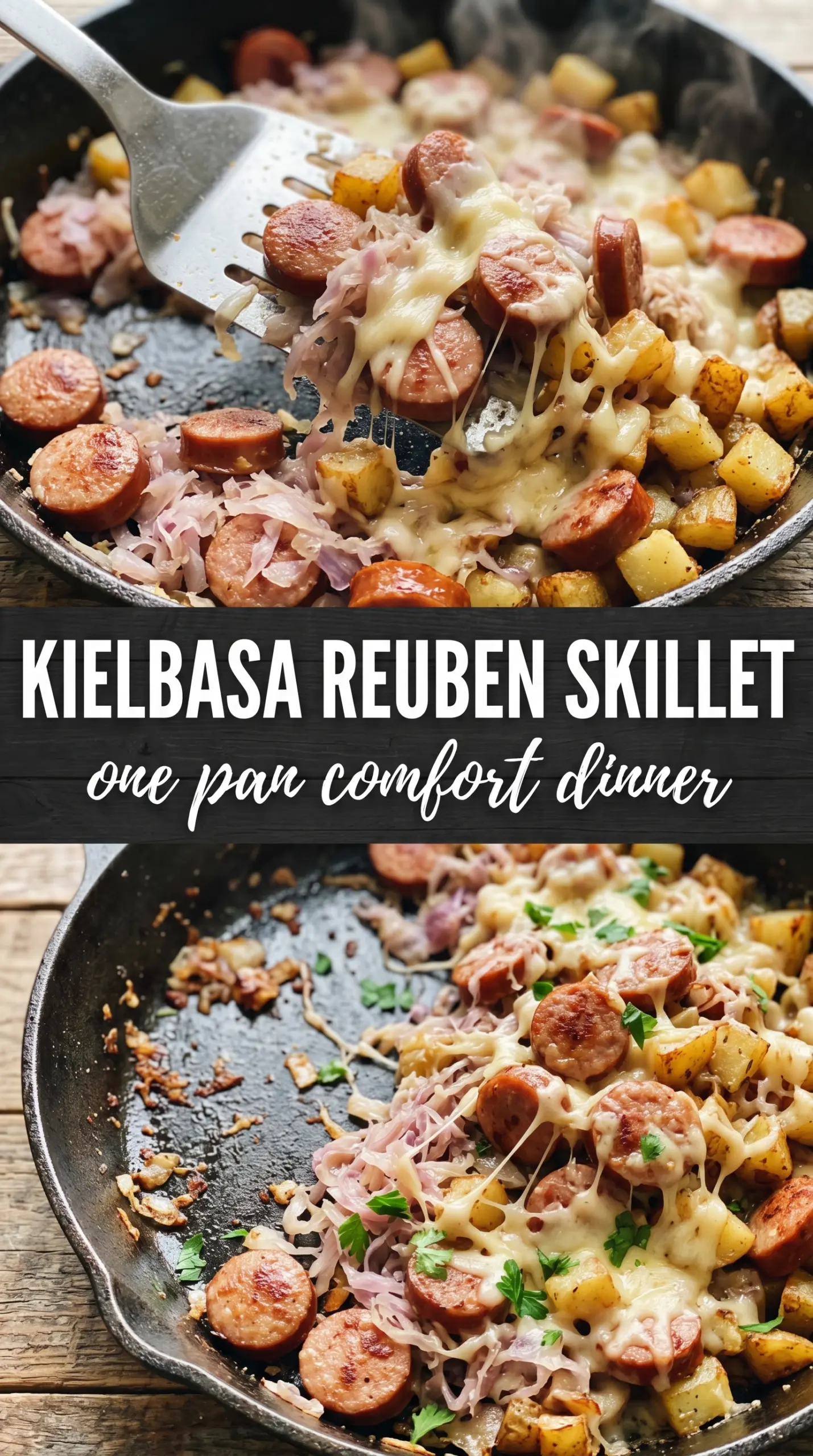 Kielbasa Reuben Skillet golden tangy cheesy