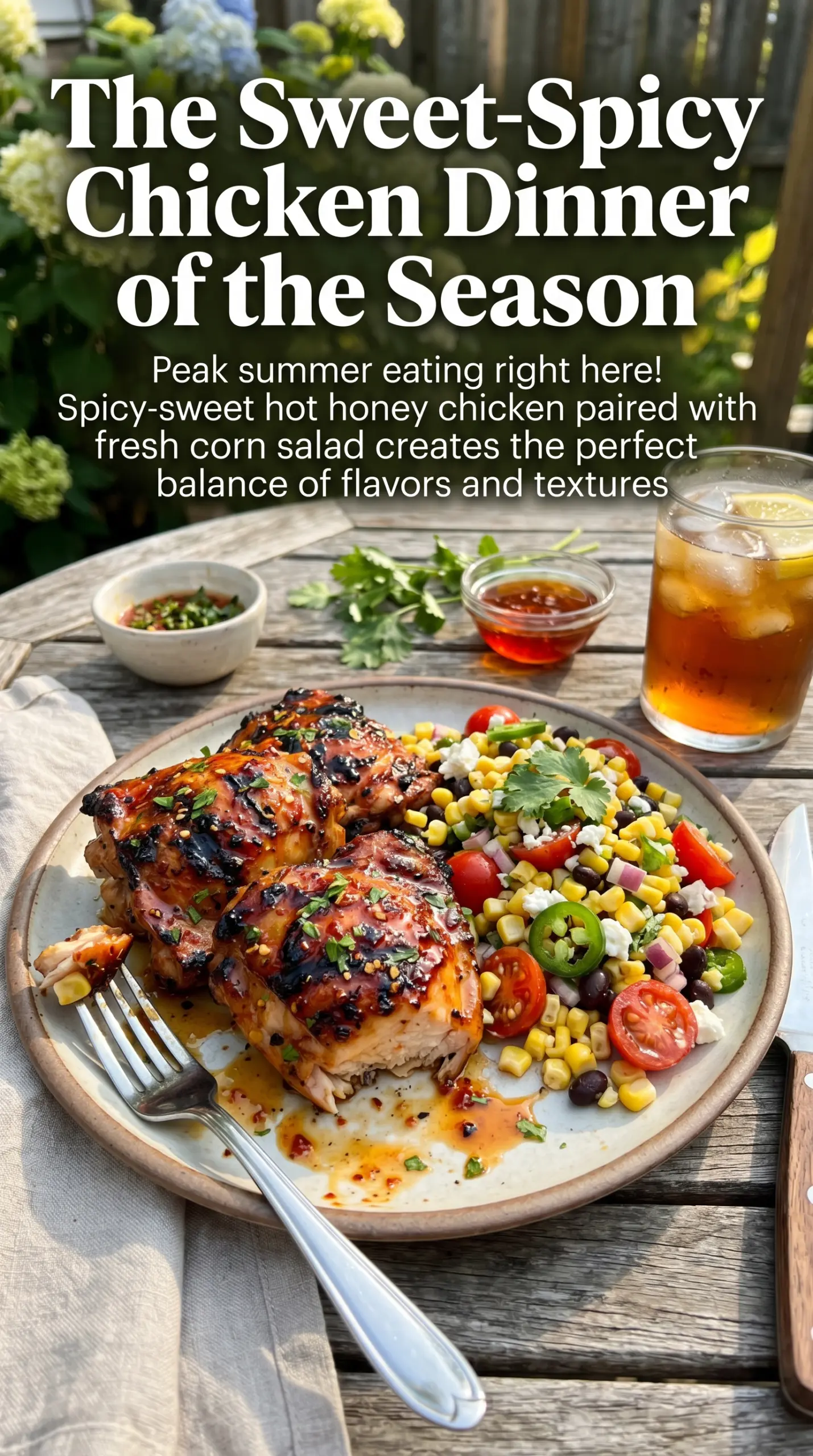 Grilled hot honey chicken with sweet corn salad, spicy sweet, vibrant