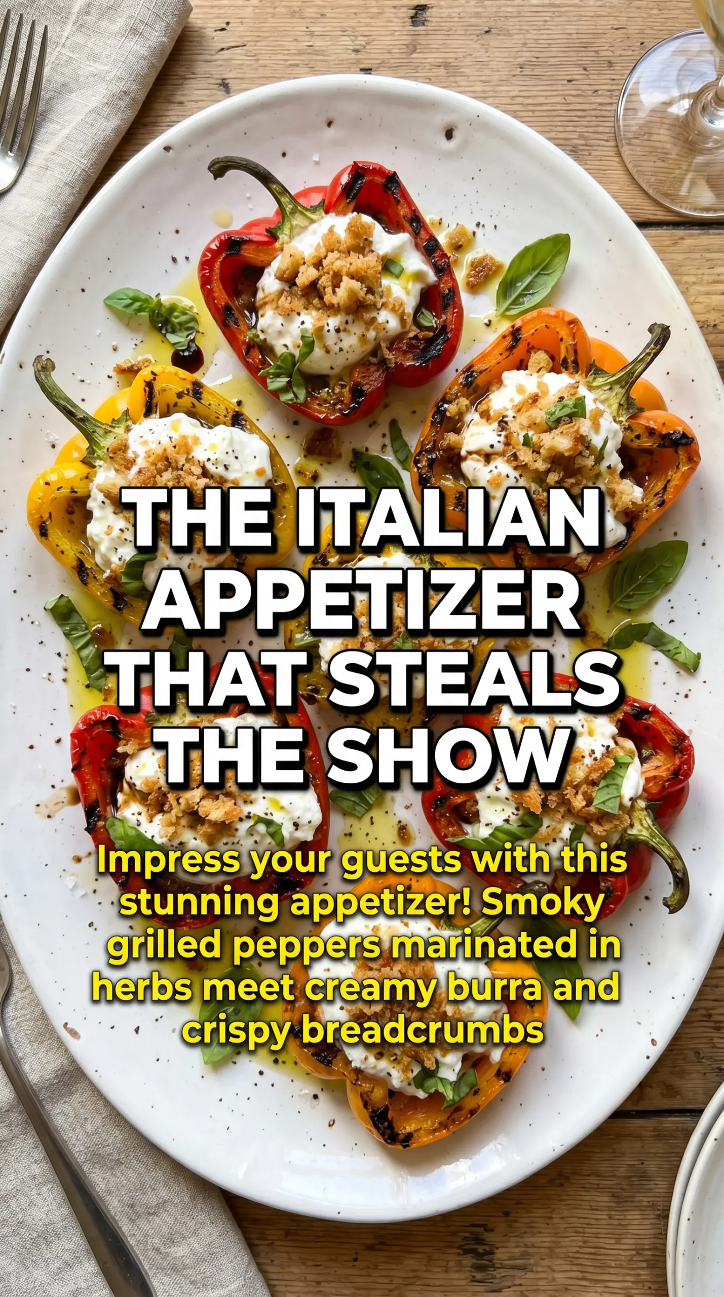 Grilled Marinated Peppers with Burrata and Breadcrumbs charred creamy crispy