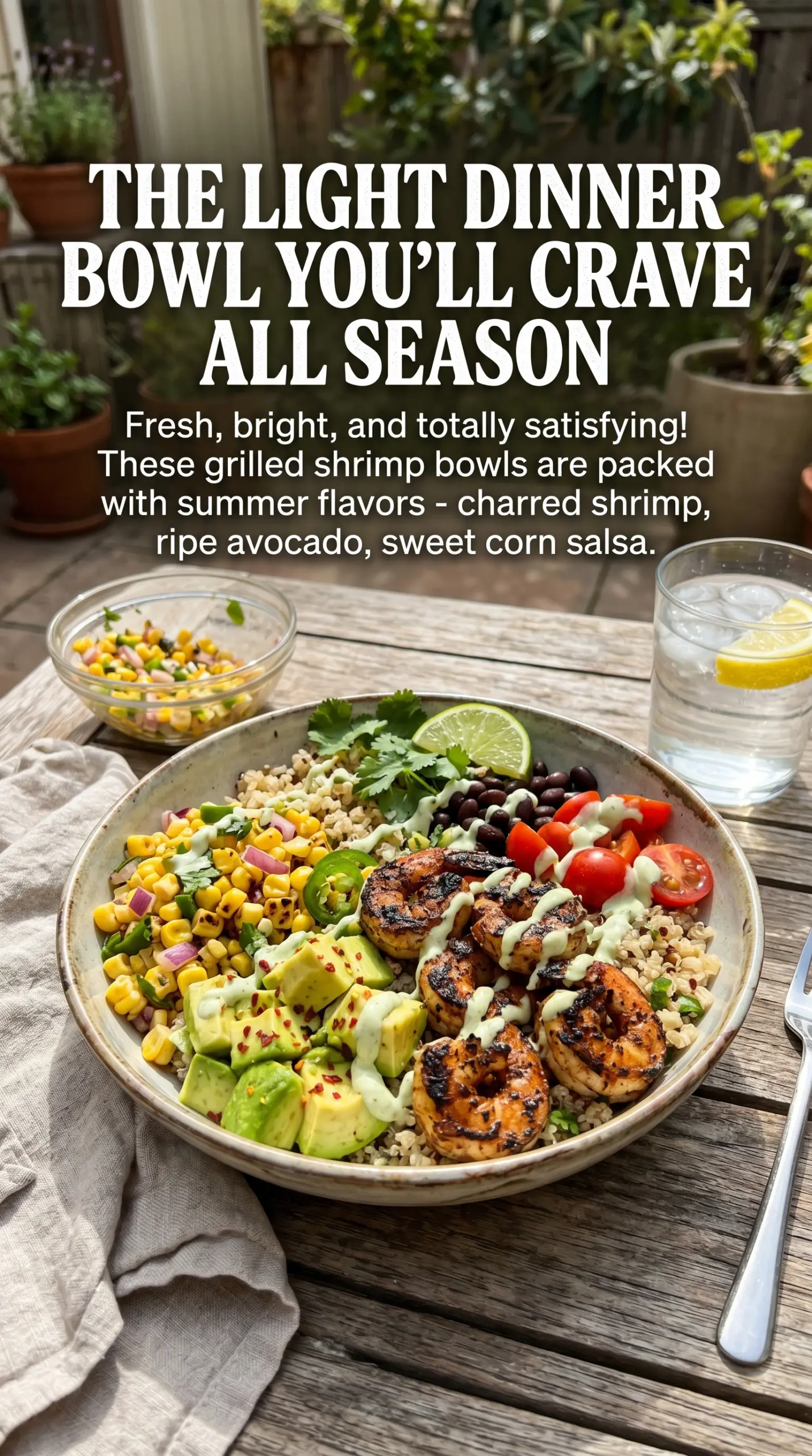 Grilled Shrimp Bowl with Avocado and Corn Salsa colorful fresh lime
