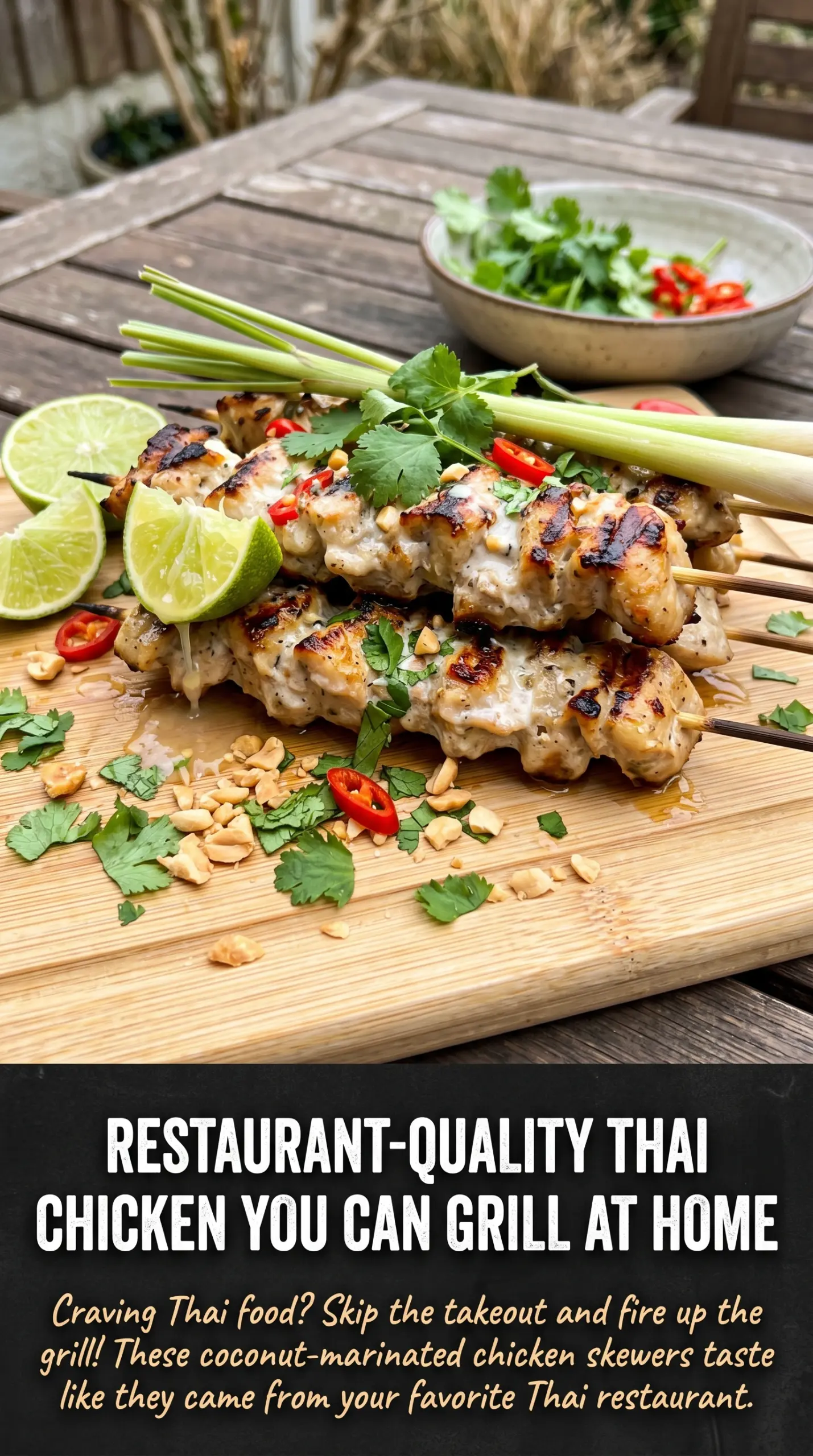 Grilled Thai Coconut Chicken Skewers charred coconut peanut sauce