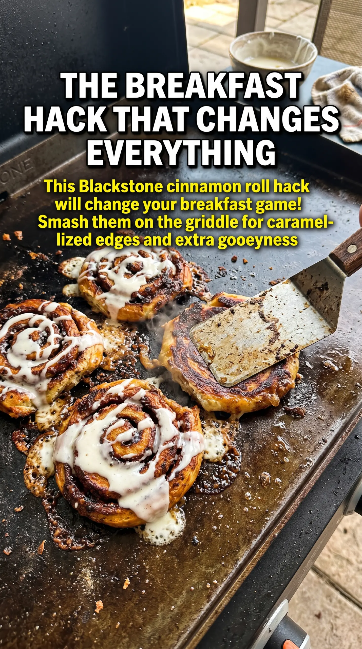Smashed Blackstone Cinnamon Rolls caramelized icing-dripping griddle