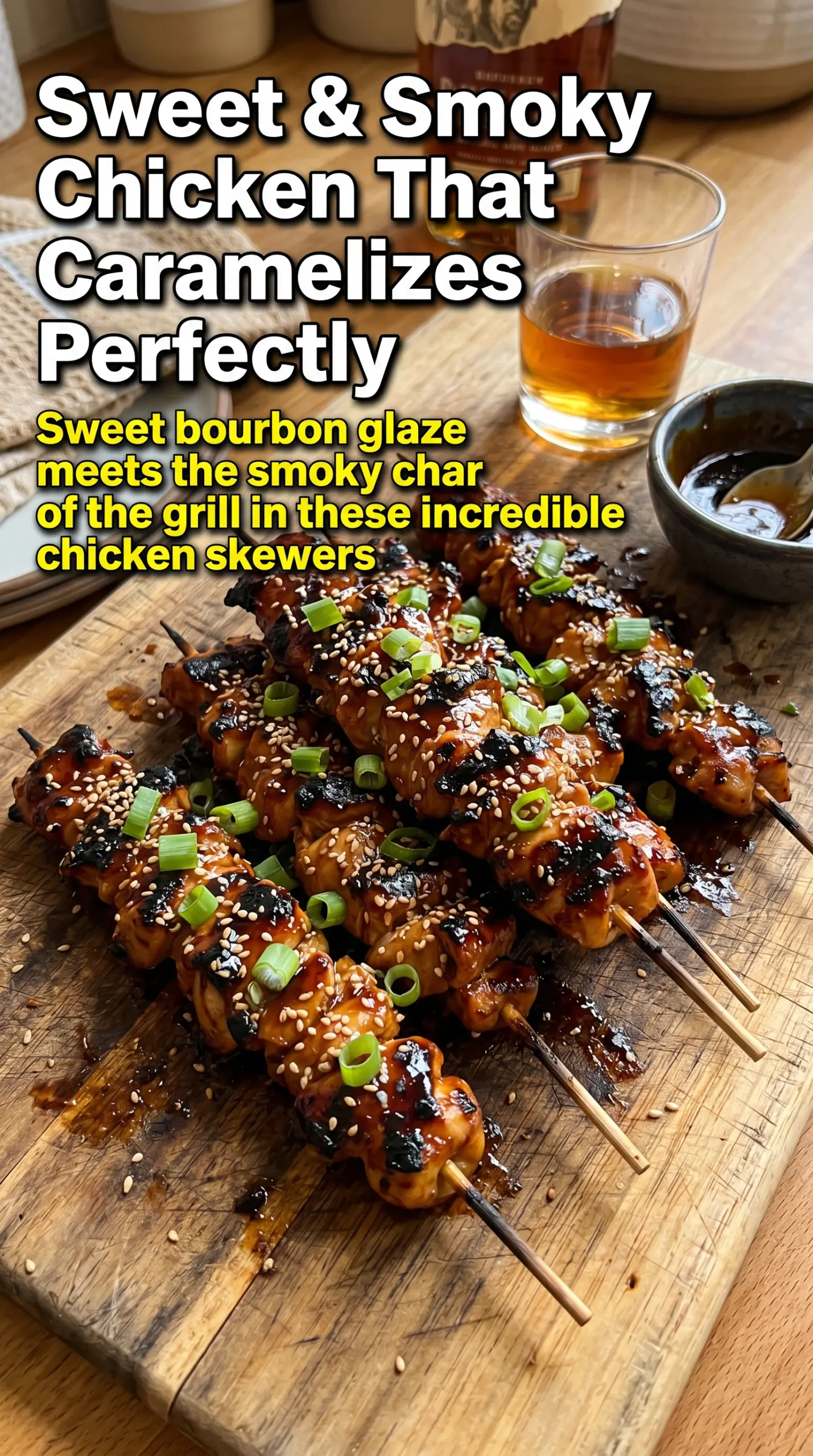 Sticky Bourbon Chicken Skewers glossy caramelized