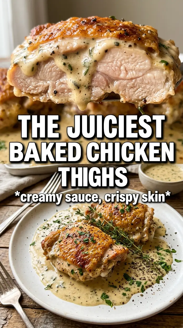 Creamy Oven Baked Chicken Thighs garlicky creamy golden