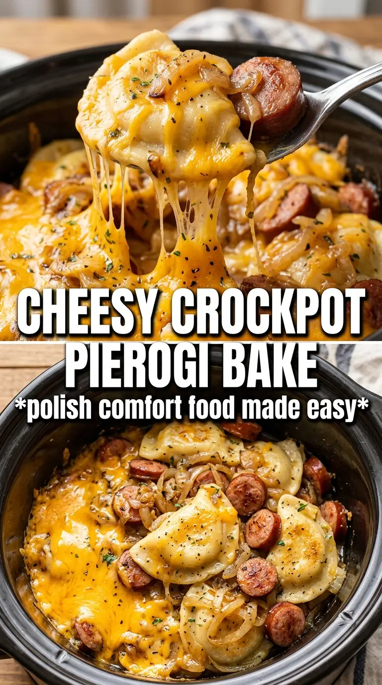 Crockpot Pierogi Casserole with Kielbasa creamy cheesy