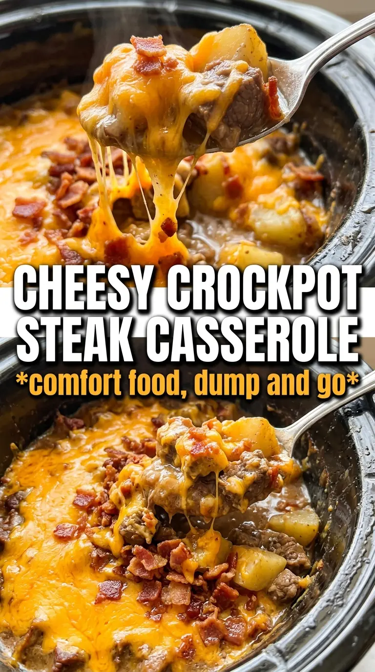 Slow Cooker Steak and Cheddar Potato Casserole cheesy layers steak potatoes