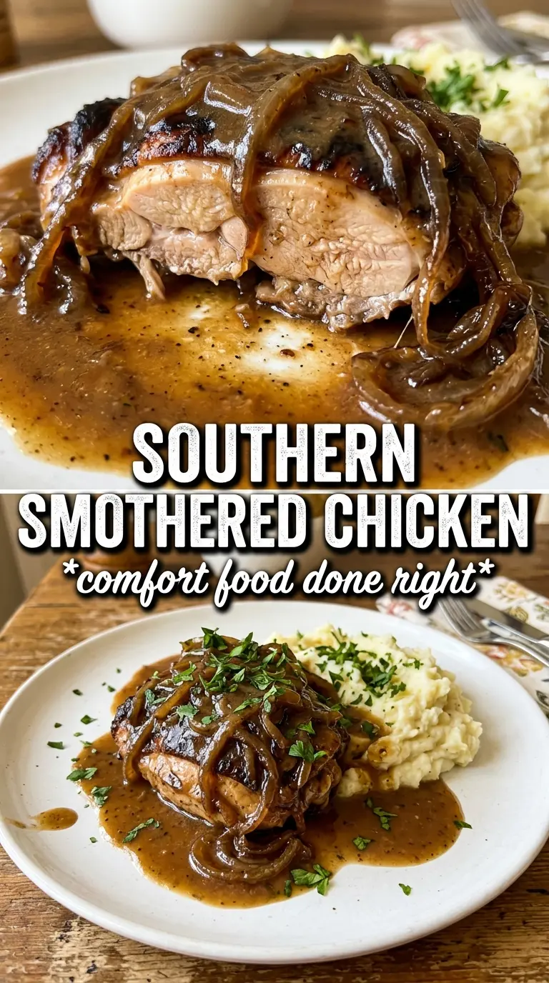 Smothered Chicken, onion gravy, skillet dinner