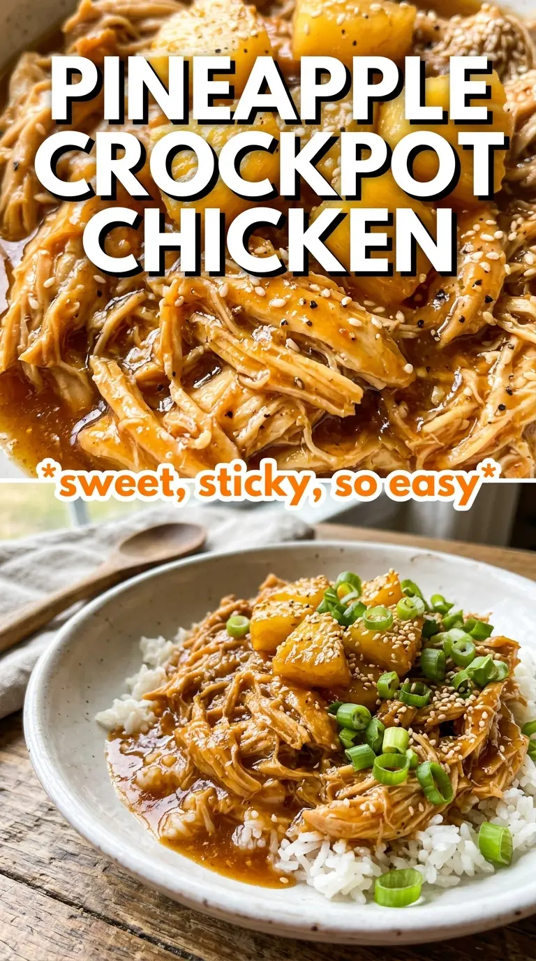 Sweet Hawaiian Crockpot Chicken, sticky pineapple, shredded chicken