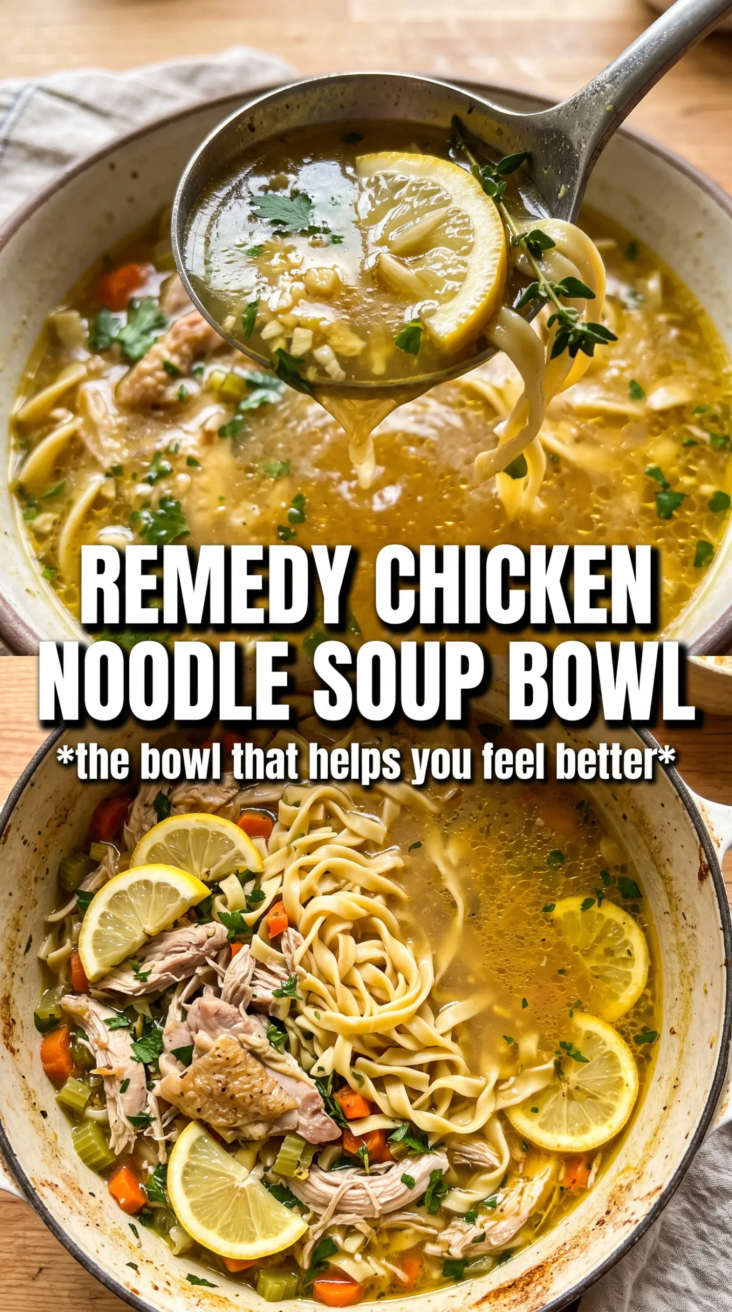 Cold Fighting Chicken Noodle Soup with golden broth, ginger, and lemon
