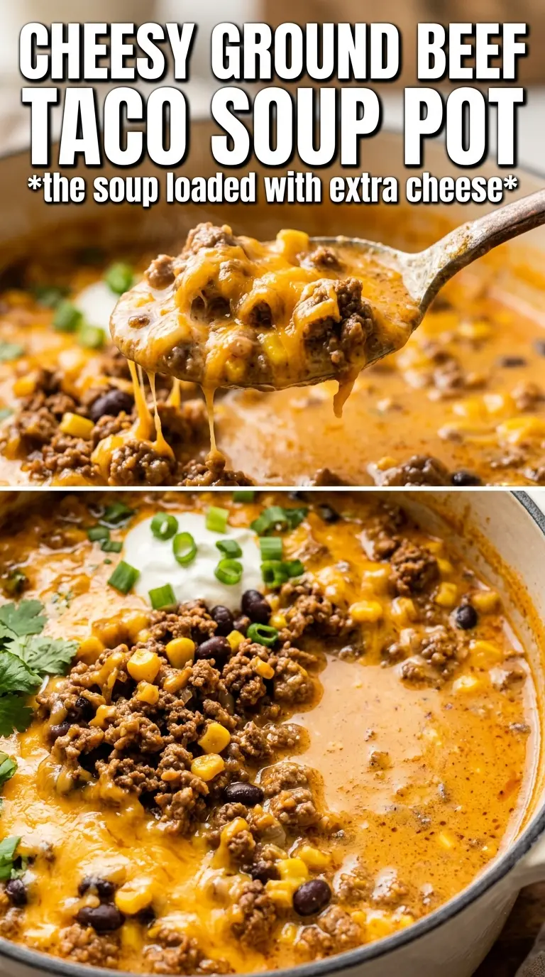 Creamy Cheesy Ground Beef Taco Soup cheesy, hearty, Tex-Mex