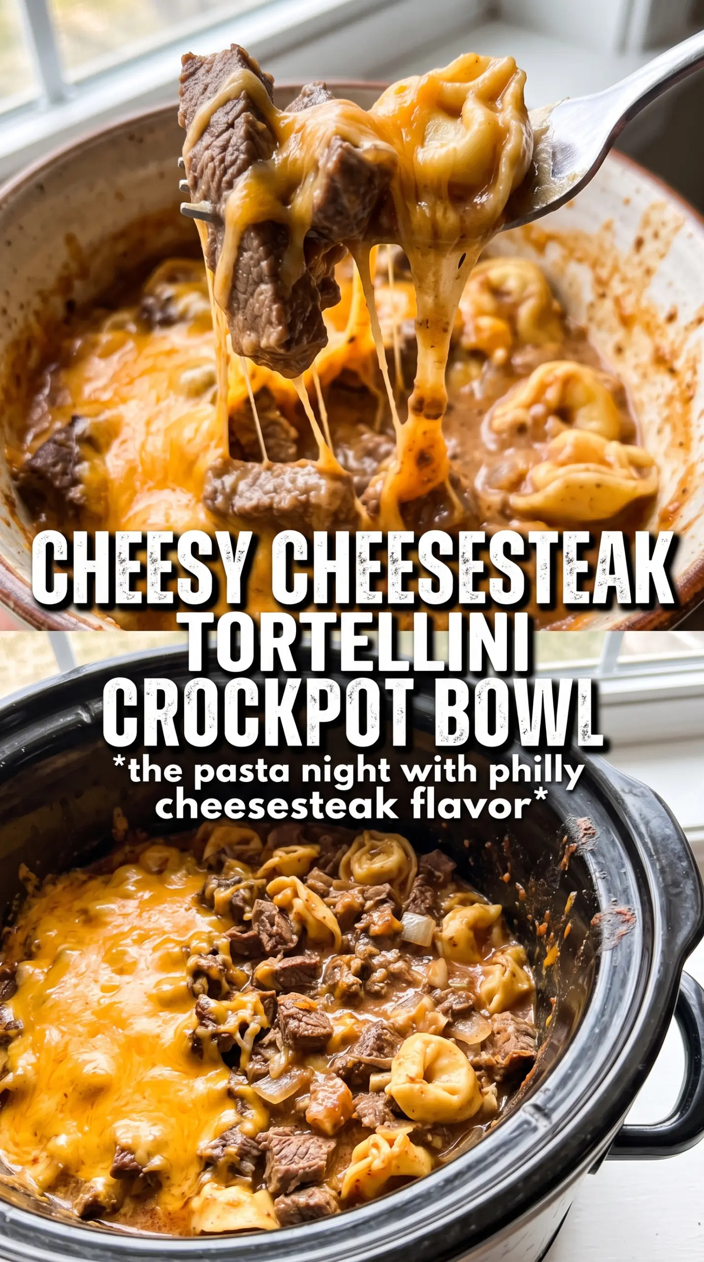 Crock Pot Cheesesteak Tortellini creamy steak, peppers, tortellini