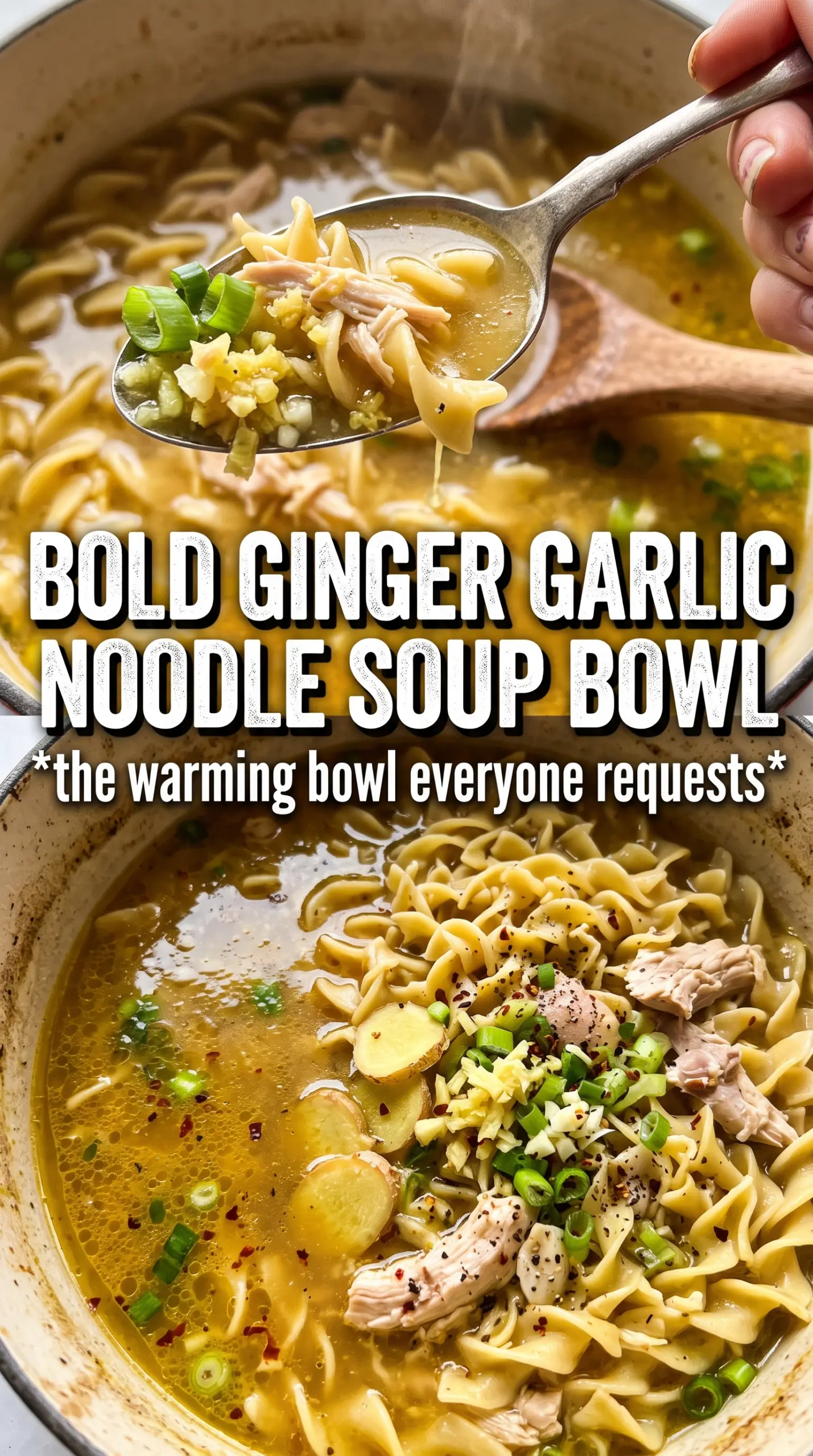 Ginger Garlic Chicken Noodle Soup clear broth, shredded chicken, tender noodles
