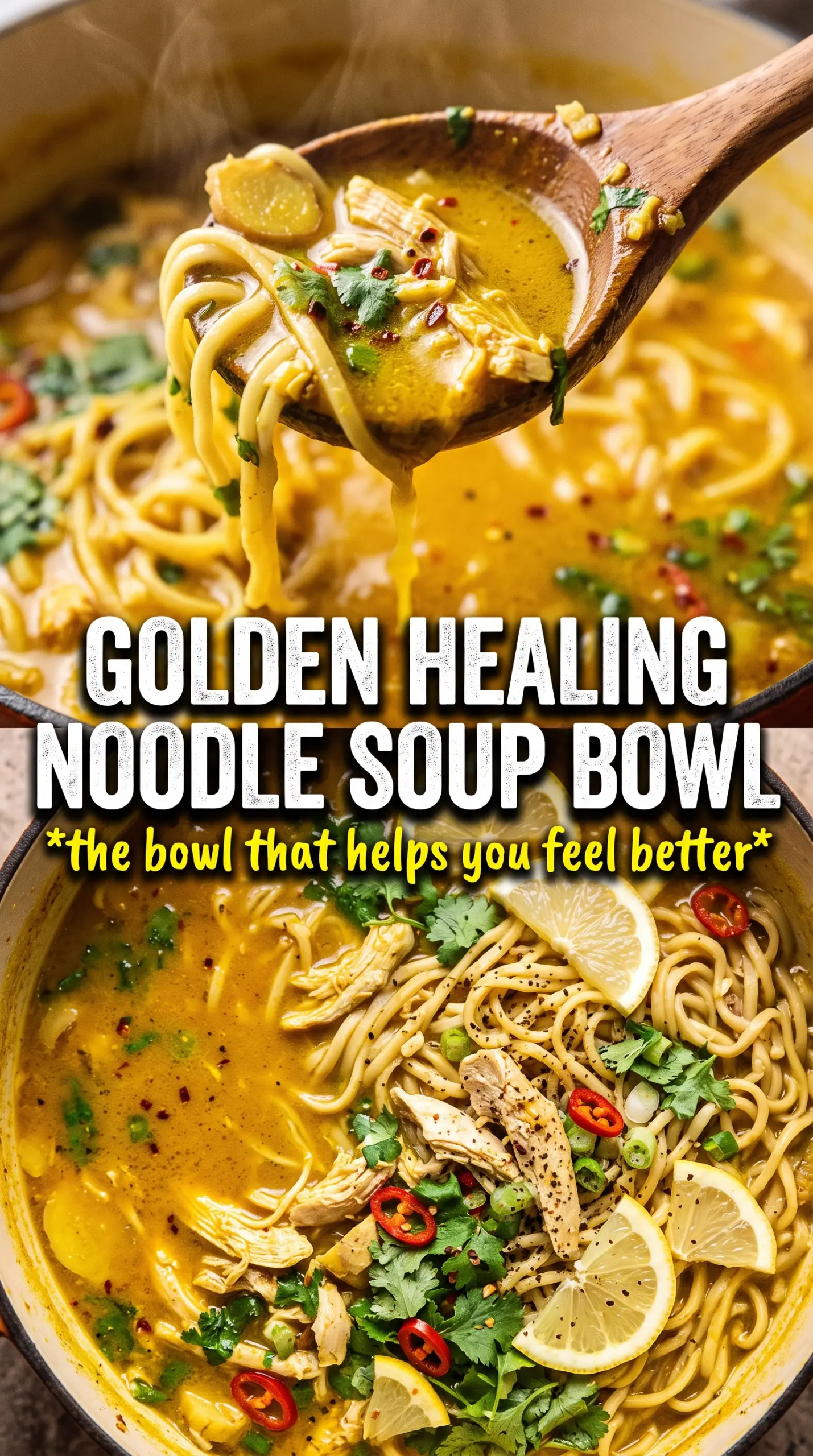 Healing Chicken Noodle Soup with turmeric, ginger, and kale