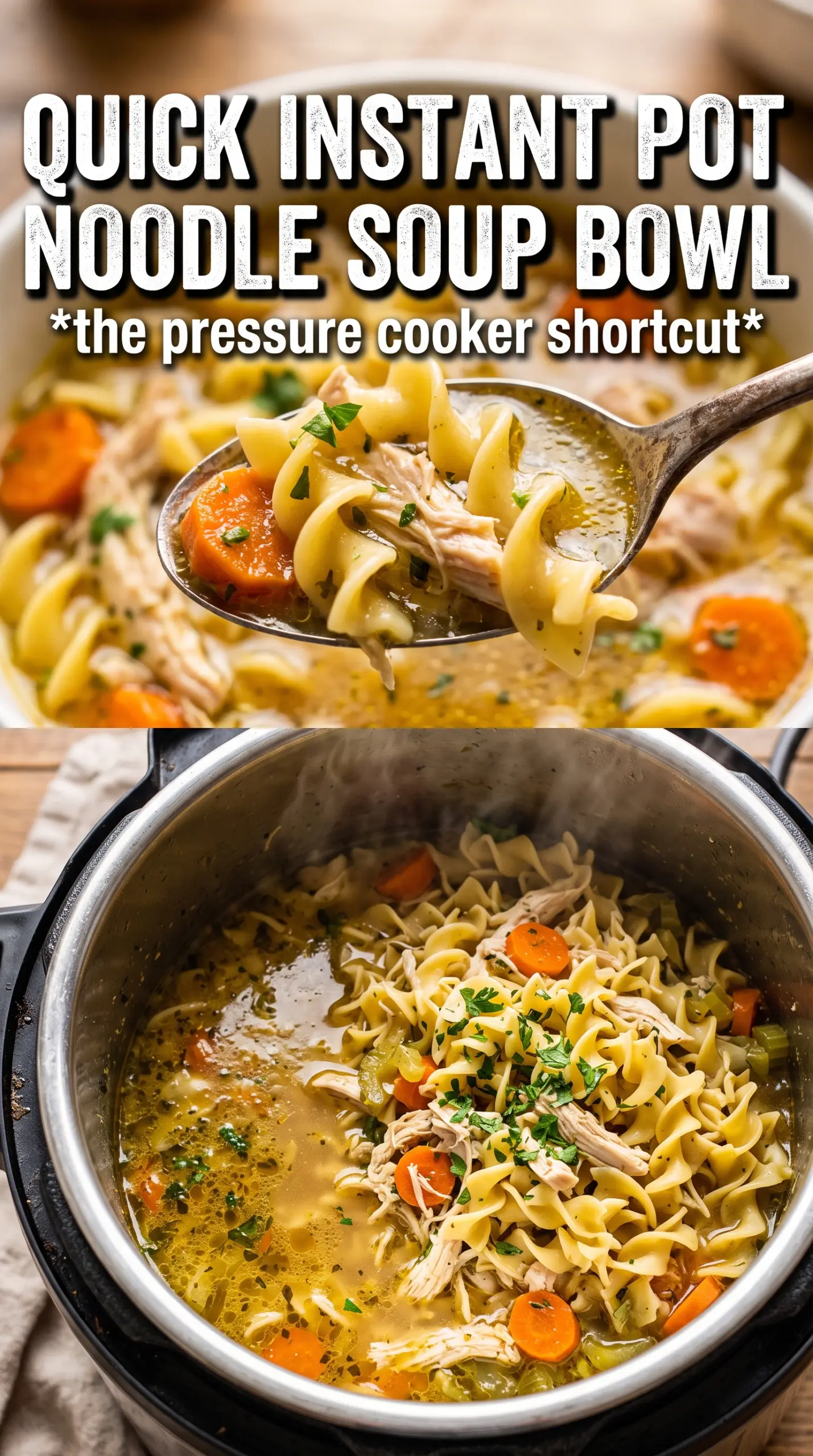 Instant Pot Chicken Noodle Soup golden broth, shredded chicken, noodles