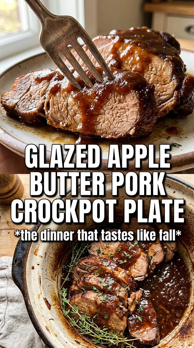 Slow Cooker Apple Butter Glazed Pork Tenderloin with caramelized glaze, tender slices, thyme garnish