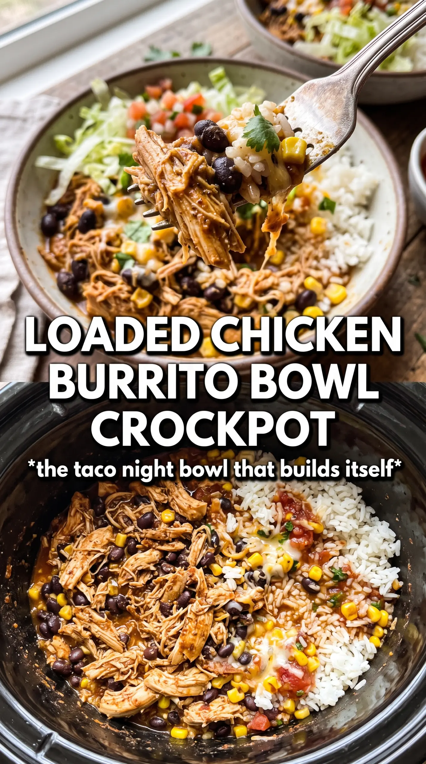 Slow Cooker Chicken Burrito Bowl shredded chicken, black beans, corn