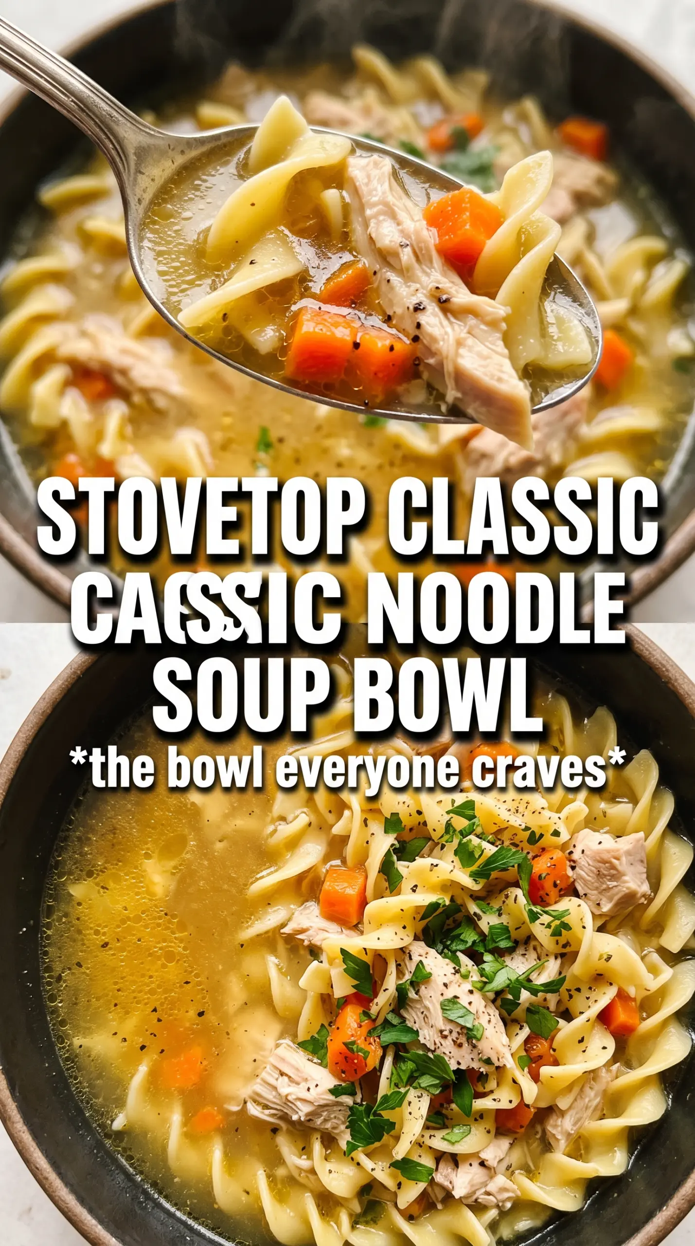 Stovetop Chicken Noodle Soup clear broth, shredded chicken, egg noodles