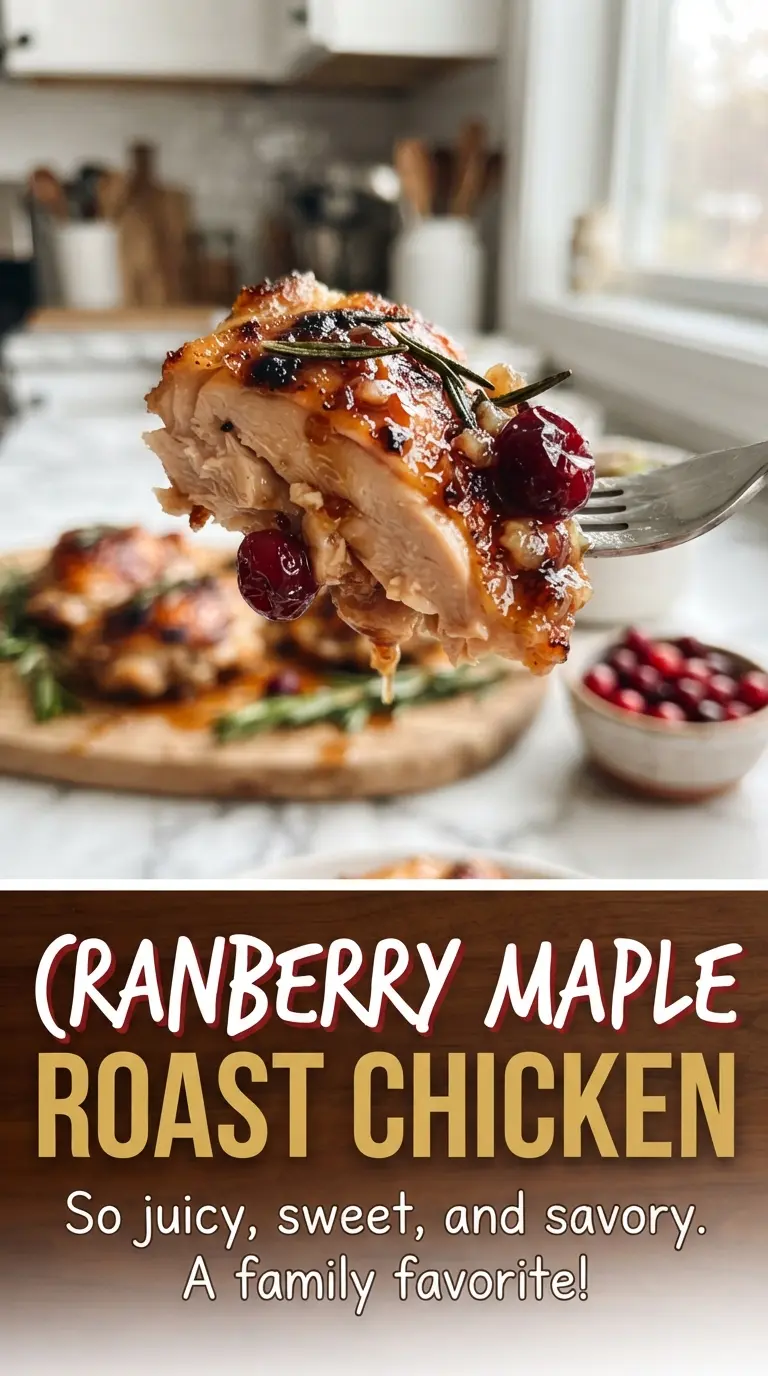 Cranberry Maple Roast Chicken with glossy glaze, cranberries, and rosemary