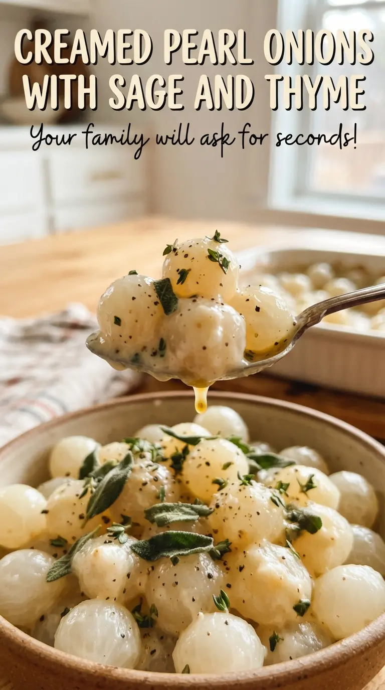 Creamed Pearl Onions with Sage and Thyme, glossy creamy onions, crispy sage