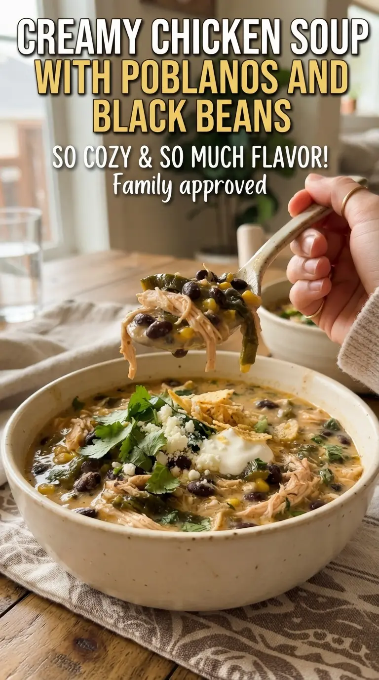 Creamy Chicken Soup With Poblanos And Black Beans smoky creamy Tex-Mex