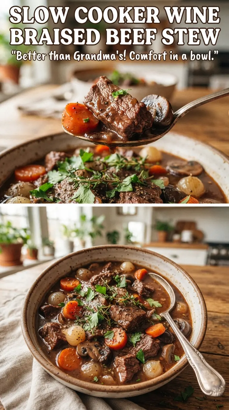 Slow Cooker Wine Braised Beef Stew glossy hearty aromatic