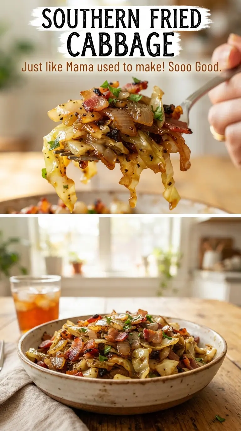 Southern Fried Cabbage with bacon, caramelized onion, and golden edges